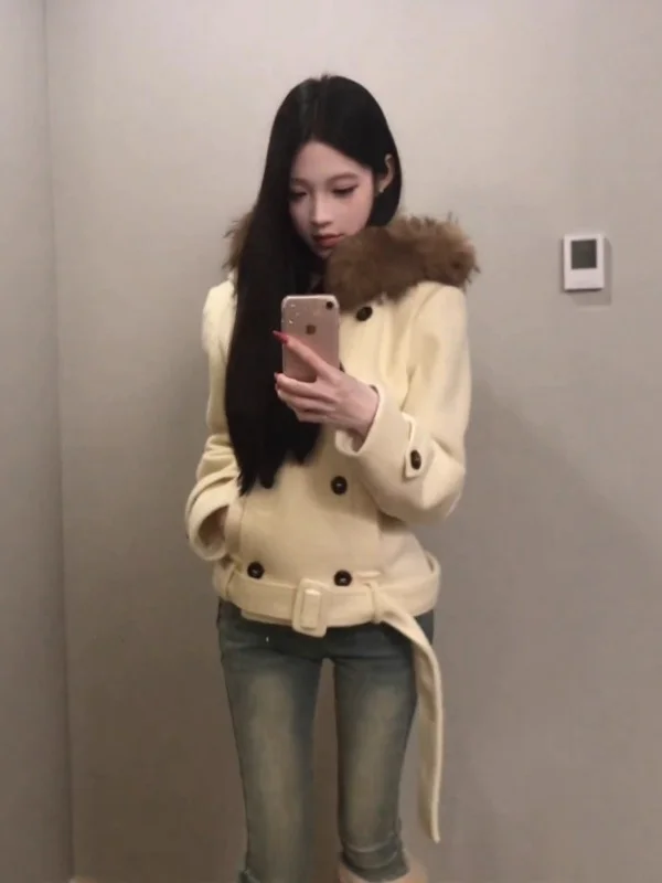 

Корейское ретро-пальто из шерсти для женщин, модное, с поясом, зимняя верхняя одежда, длинный рукав, на пуговицах