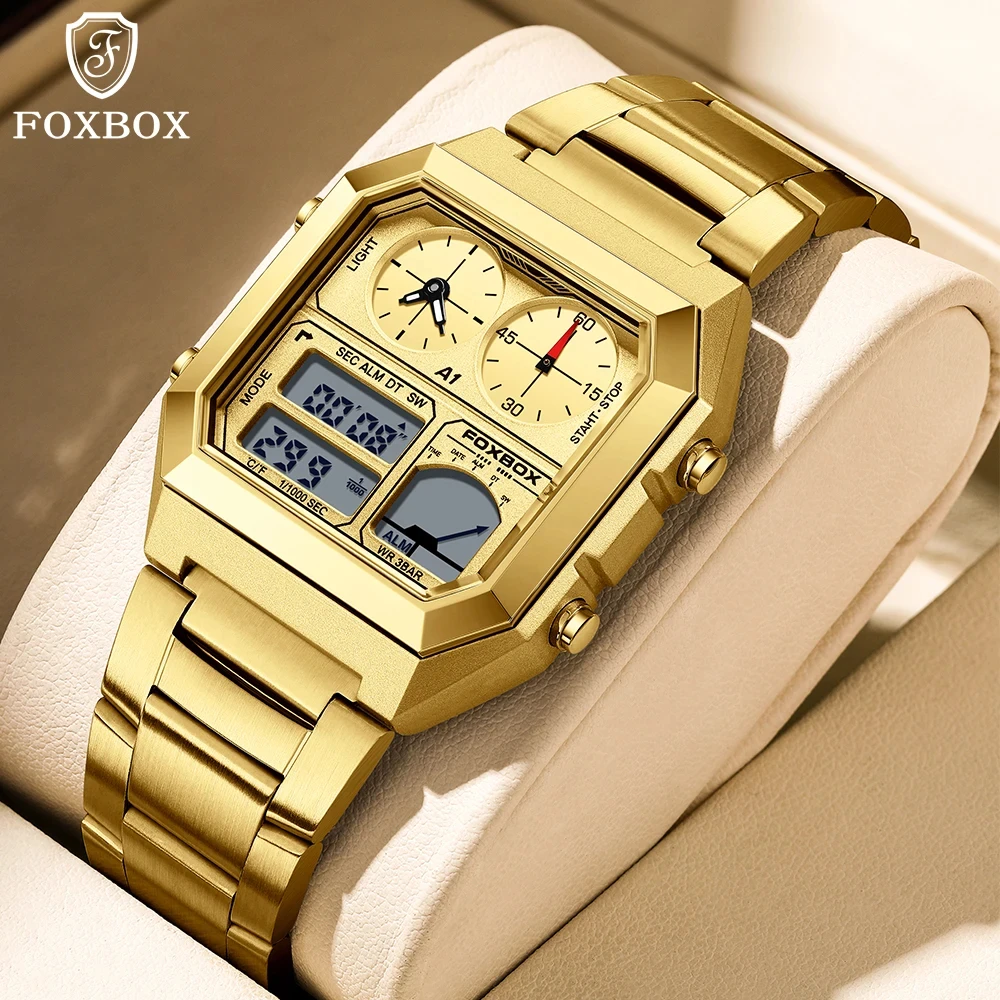 

FOXBOX Luxury Square Digital Mens Watches Stopwatch Countdown Wristwatch Calendar Alarm Clock Watch Man Relogio Masculino+Box