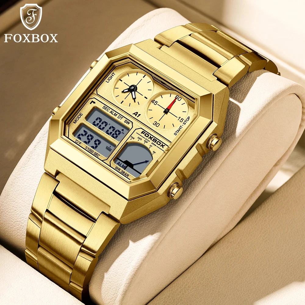 FOXBOX Luxury Square Digital Mens orologi cronometro conto alla rovescia orologio da polso calendario sveglia orologio uomo Relogio Masculino + Box