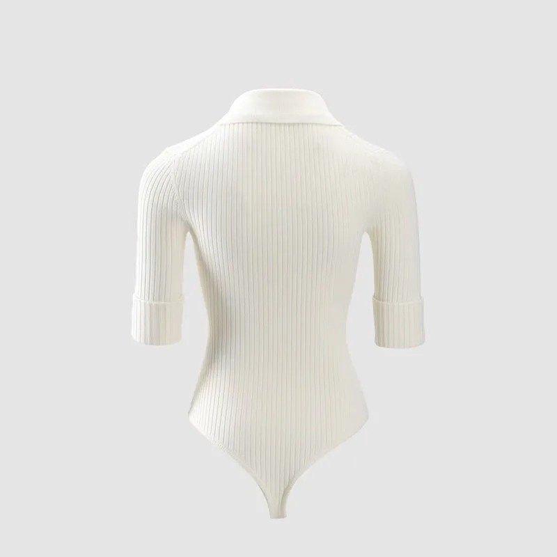 Lapel knitted jumpsuit for women 2025 new style slimming and form-fitting mid-sleeved Polo collar tight elastic base layer