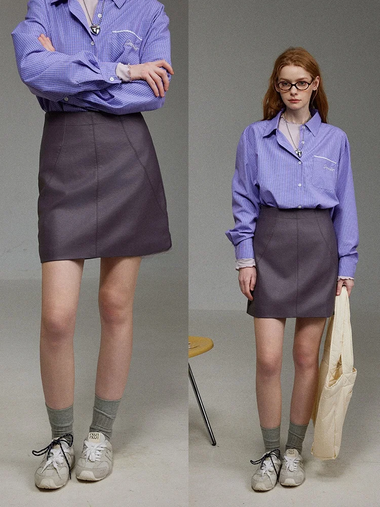 

Юбка LITLECOT из фиолетовой искусственной кожи, облегающая, А-силуэт, весна-лето, новая, с высокой талией, универсальная, средней длины, повседневная женская одежда