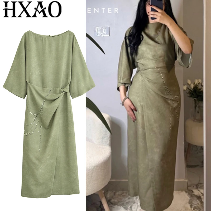 HXAO Lange Kleider mit Kettendruck, 2025, für Damen, Sommer, grün, Damenkleid, gerüscht, Wickelkleid, elegante Freizeitkleider, weite Ärmel, Midikleid