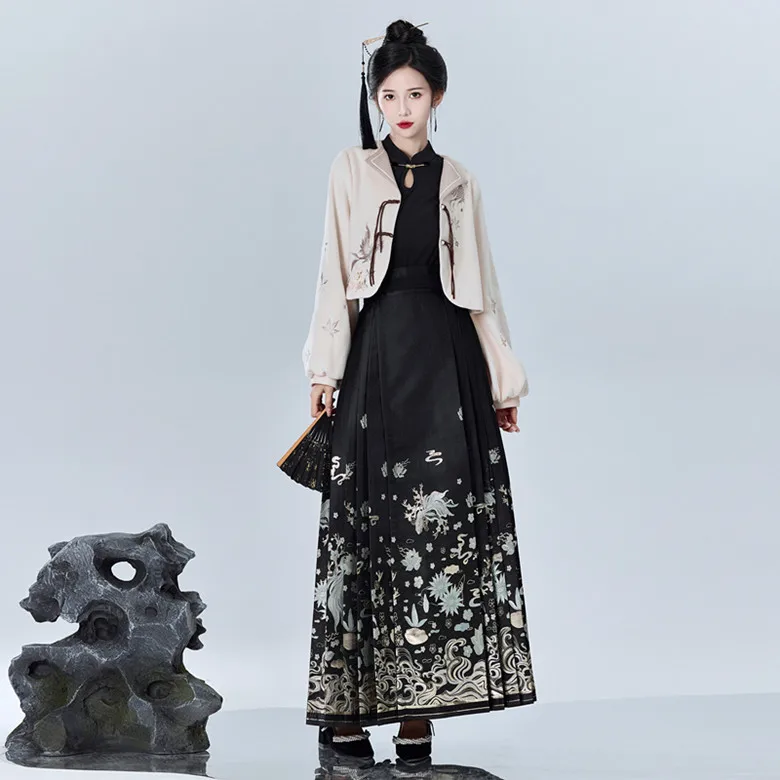 Autumn Winter Chinese Style Hanfu Renovated Knitted Versatile Top Heavy Embroidery Long Midi Skirt Silk Half-length Skirt
