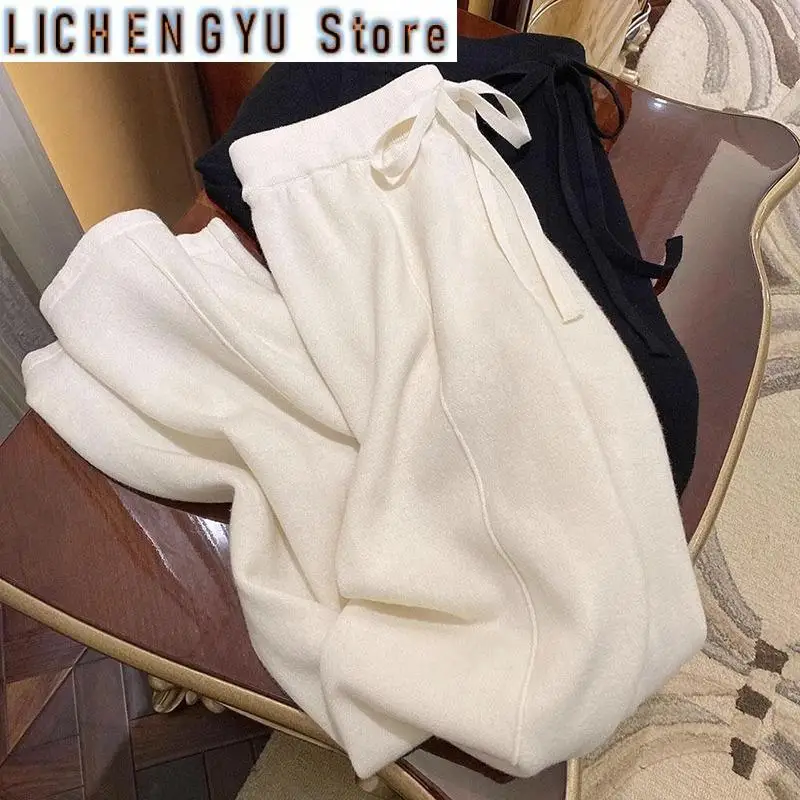 

New White High-waisted Casual Pants for Women Style Knitted Pants Loose Wide-leg Pants Japanese Style Lazy and Falling Feel