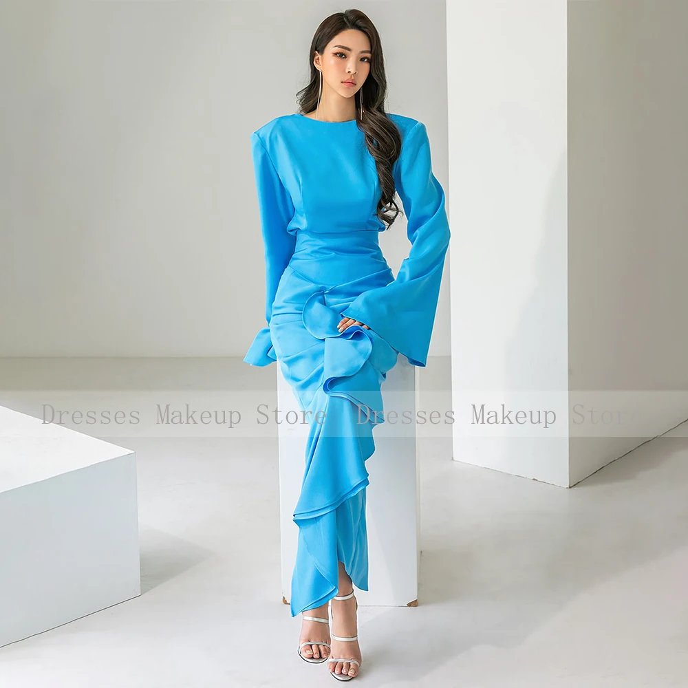 فساتين حفلة موسيقية أنيقة للنساء ، أكمام طويلة ، غمد رقبة دائرية ، فساتين أعمدة ، طول الكاحل ، كشكشة ، فستان حفلات أزرق فاتح ،