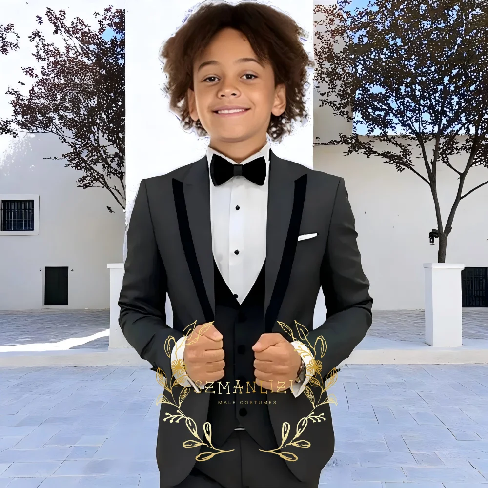 

Flower Boys Formal Blazer Suit Kids Jacket Vest Pants Black Wedding Tuxedo Set Children Prom Costume Performance Dress