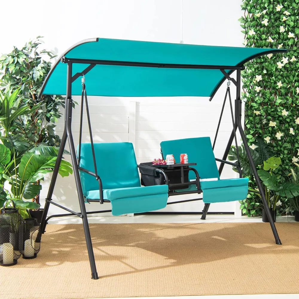 

Person Porch Swing, Pivot Storage Table, Cooler Bag, 2 Cup Holders, Removable Cushions, Outdoor Patio Swing with Canopy.