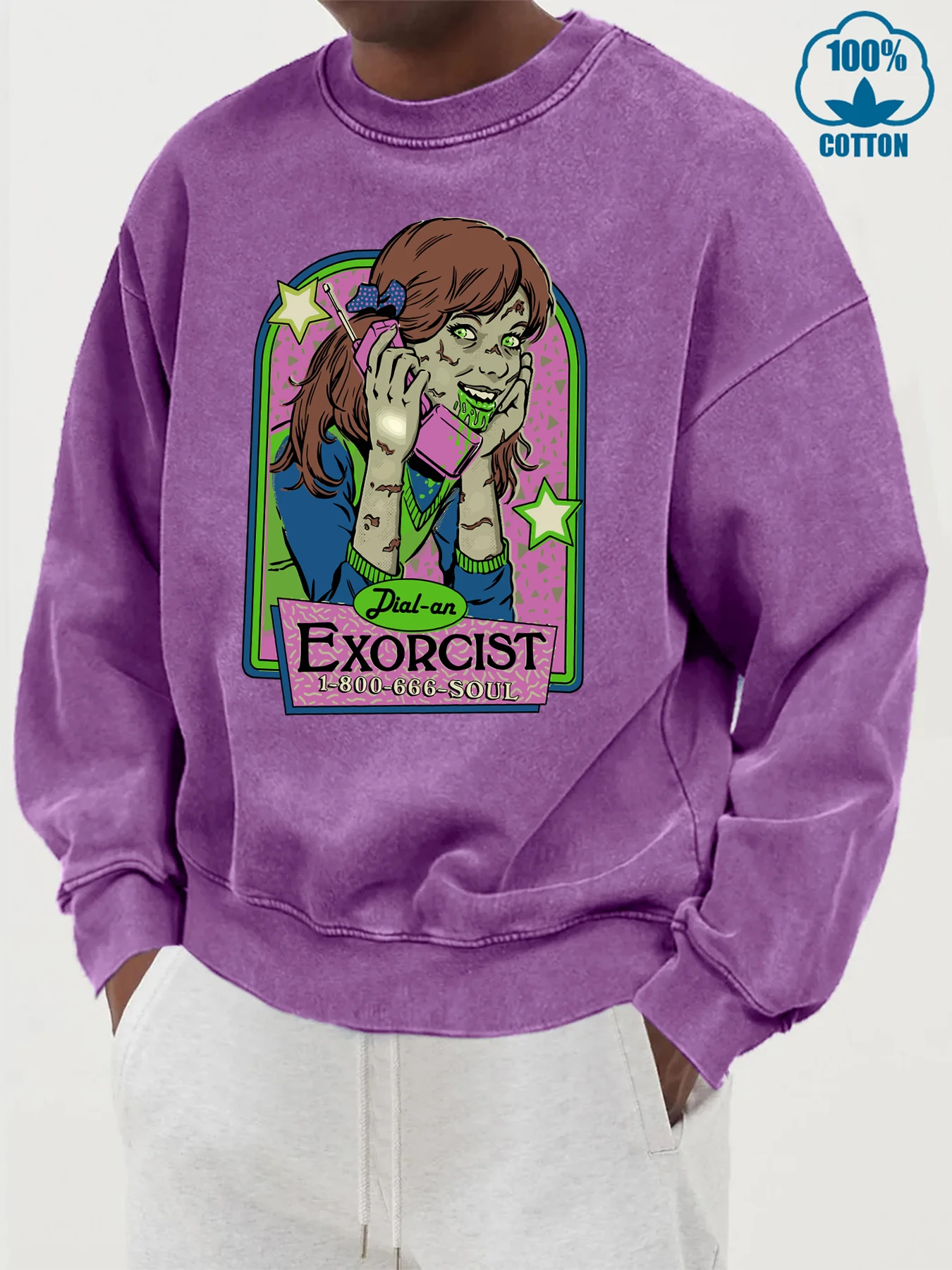 Call The Exorcist Design Male Washed Cotton Sweatshirt Simple Crewneck Pullovers Street Oversize Clothing Autumn Fashion Tops