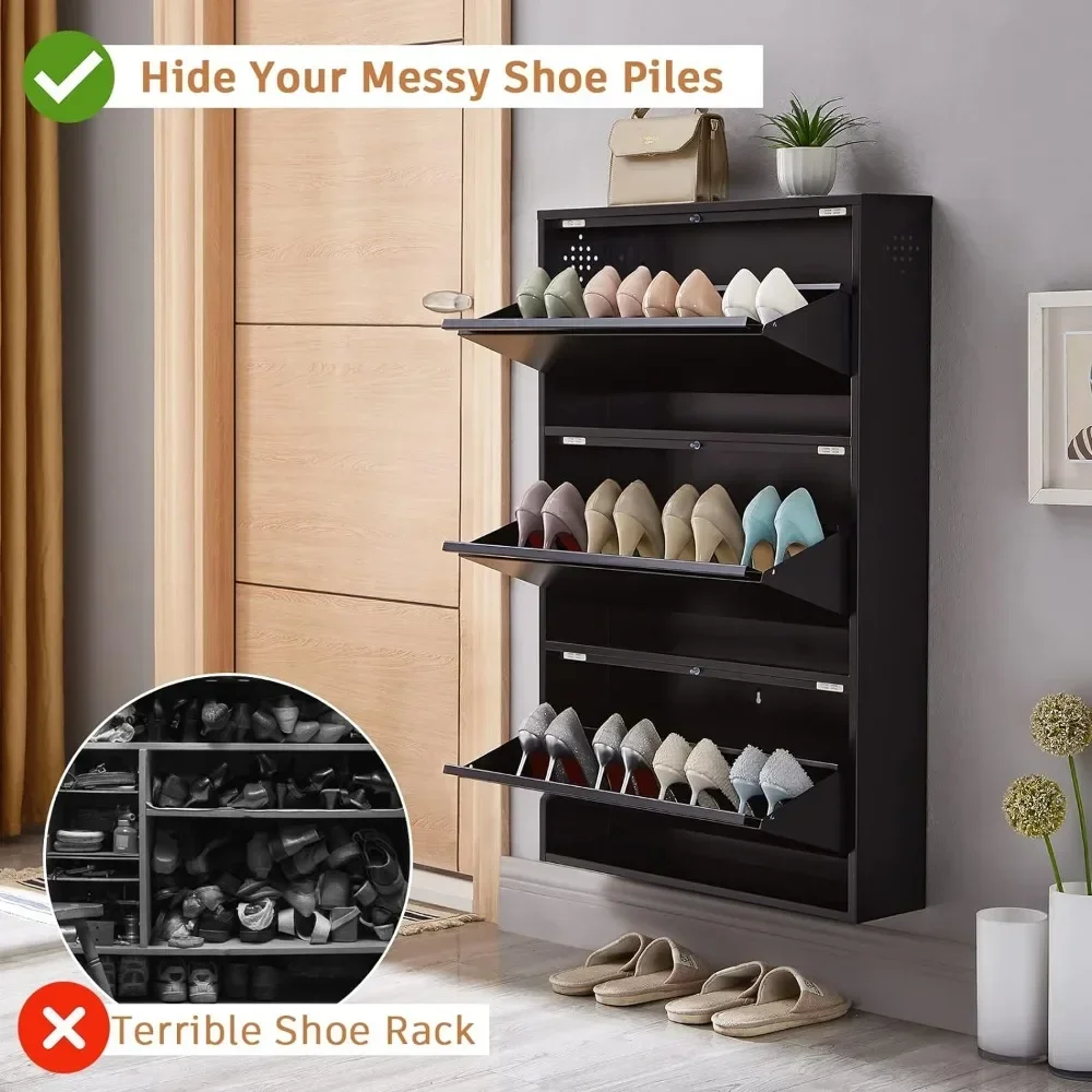 Metal shoe cabinet with 3 drawers wall mounted and 25 