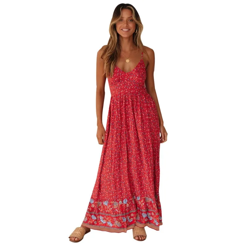 Abito floreale Boho da donna estivo 2025, abito maxi altalena con scollo a V e cinturino per spaghetti, vestito estivo da spiaggia ampio e casual con spacco laterale