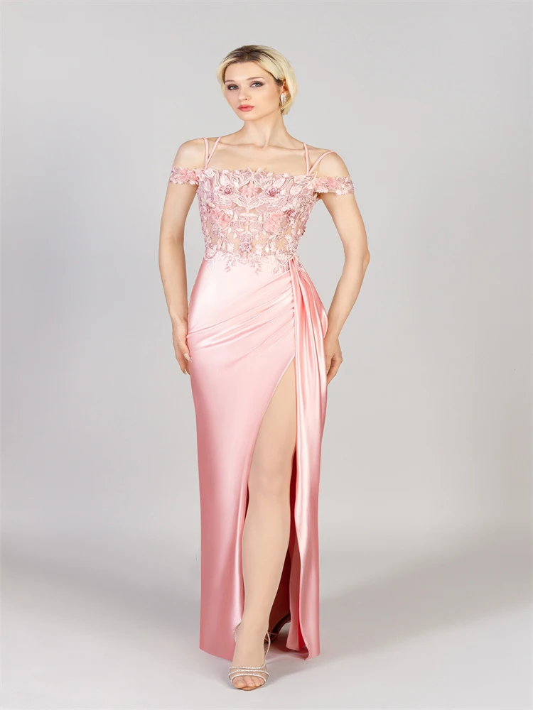 

Hot Selling Off-Shoulder Neckline Stretchy Satin Straight Evening Dress Lacey Bodice And 3D Flower Details Party Gowns for Women