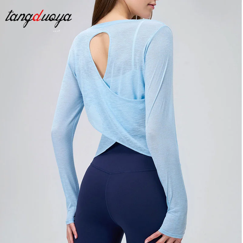Women Yoga Smock Backless Loose Yoga T-shirts Summer Round Collar Long Sleeve Fitness Breathable Sporty Yoga Tshirt Tops Female
