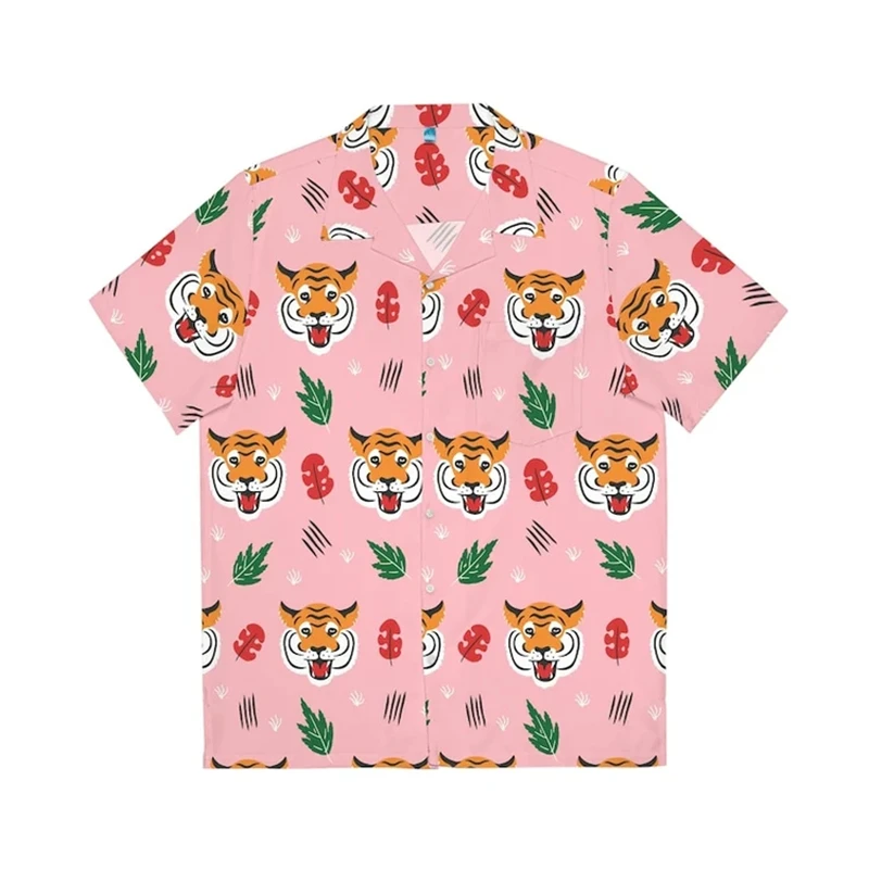 2026 Men's Jungle Tiger Animal Tropical Floral Leaf Full Print Short Sleeve Lapel Shirt Summer Beach Casual Top