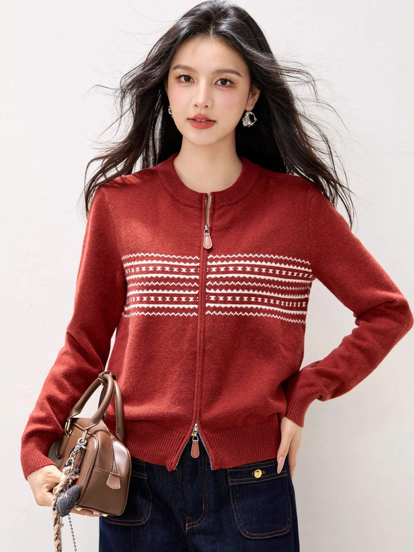 

Vintage Contrast Short Cardigan Autumn New Long Sleeve Zipper Knitting Sweater Fashion Street Casual Women Clothing