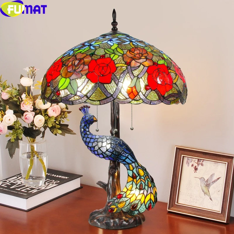 

Tiffany Blue Peacock Table Lamp Stained Glass Retro Desk Lamp Study Hotel Villa Decor Table Light Bedroom Bedside Night Light