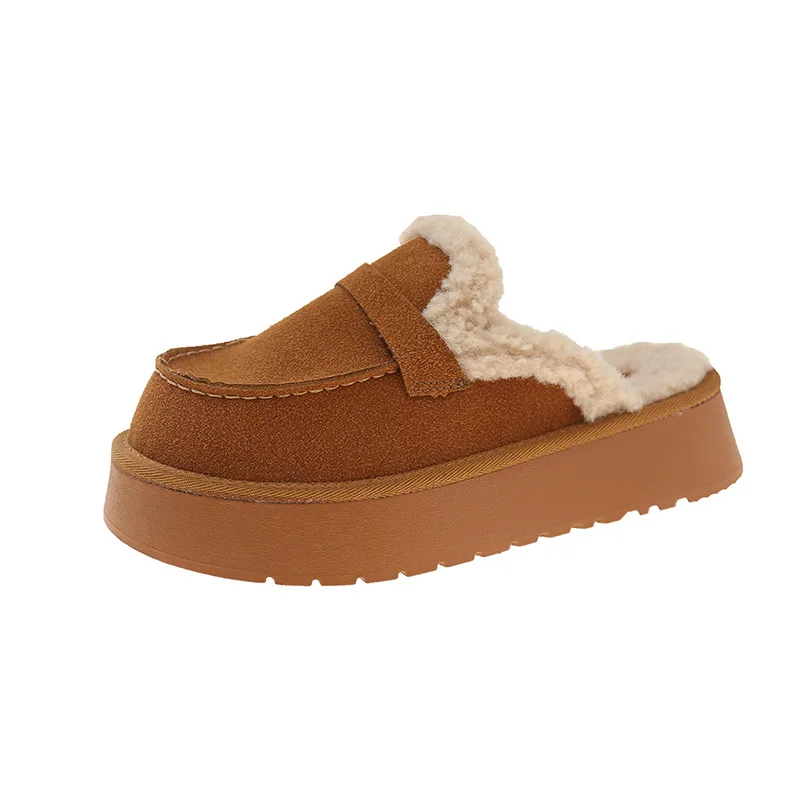 Buty Kobieta 2024 Pluszowe Kapcie Dla Dorosłych Obuwie Zimowe Med Platforma Pantofle Cover Toe Flock Fur Flat New Fabric Shearling S