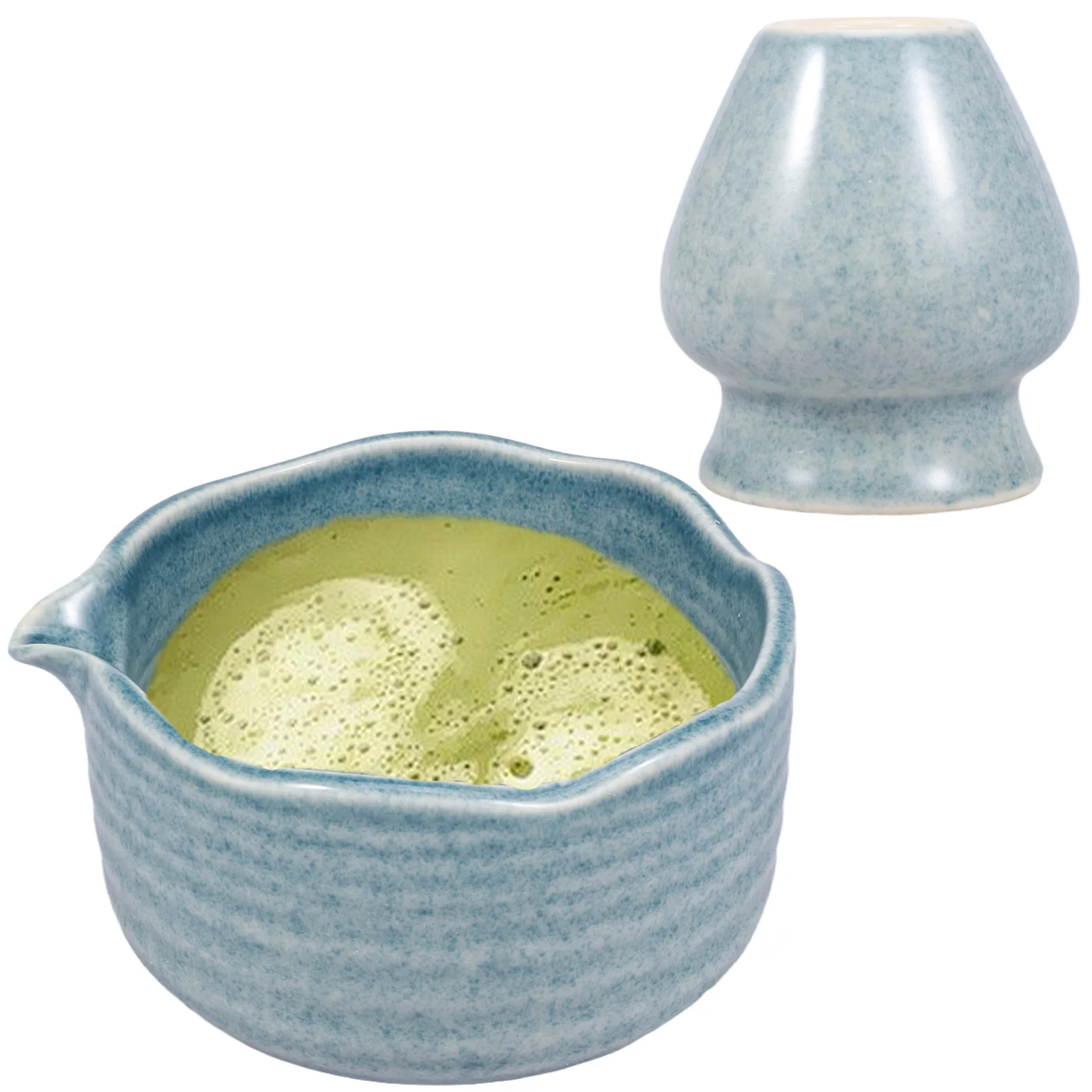 

2Pcs Set Matcha Bowl and Whisk Holder Ceramic Tea Bowl and Whisk Stand Gradient Color Waved Rim Design Heat Coldness Resistant