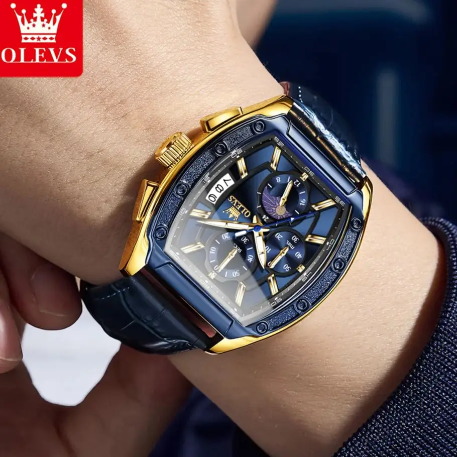 OLEVS 3661 ساعة رجالية ساعة كوارتز متعددة الوظائف الشريط الرياضة مربع Blet ساعة للرجال القمر 30 متر مقاوم للماء صندوق مضيء هدية