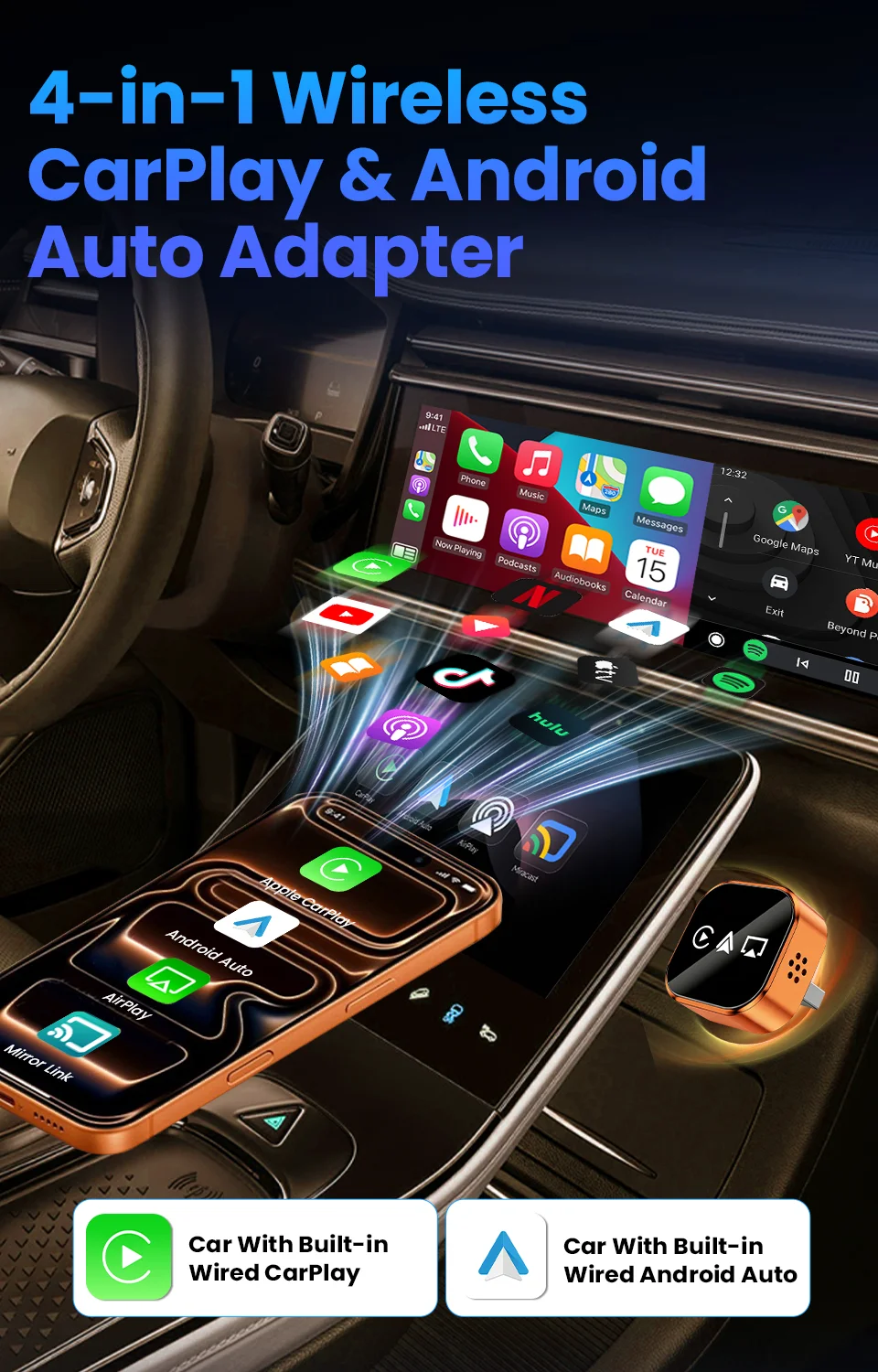 CarRocket 4-in-1 Upgrade Wireless Carplay Adapter Android Auto Mirror Link Smart MiNi AI Box Plug & Play für Toyota Ford Benz VW – Detail 6