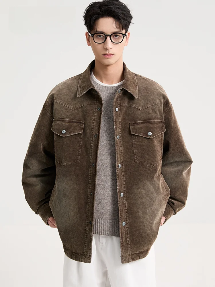 

Lightweight Corduroy Men's down Jacket Vintage Reversed Collar Warm Outerwear Casual Style Short Length Filled with Duck Feather