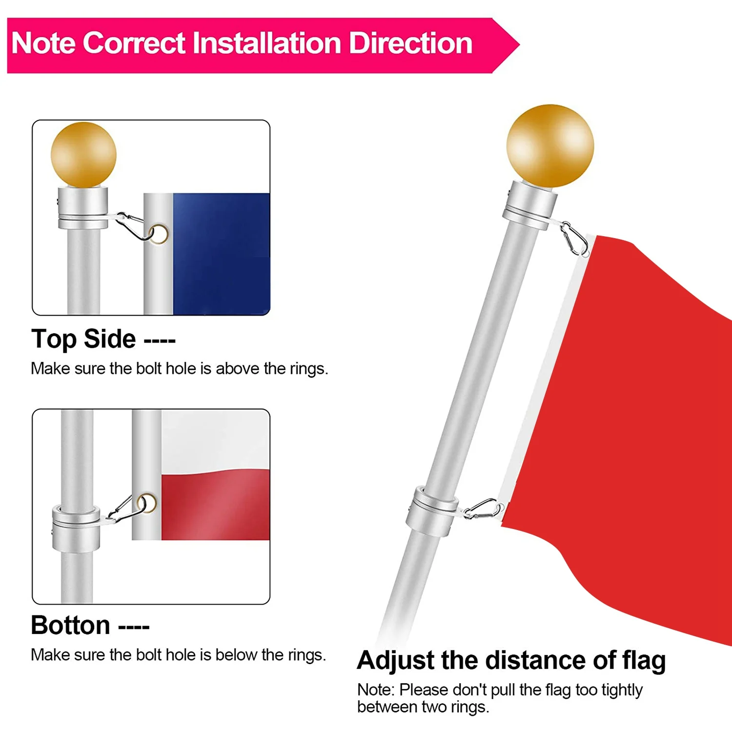 FAST-2 Pcs Flag Pole Rings Anti Wrap Flag Pole Clips Swivels 360° Rotating Flagpole Flag Mounting Rings