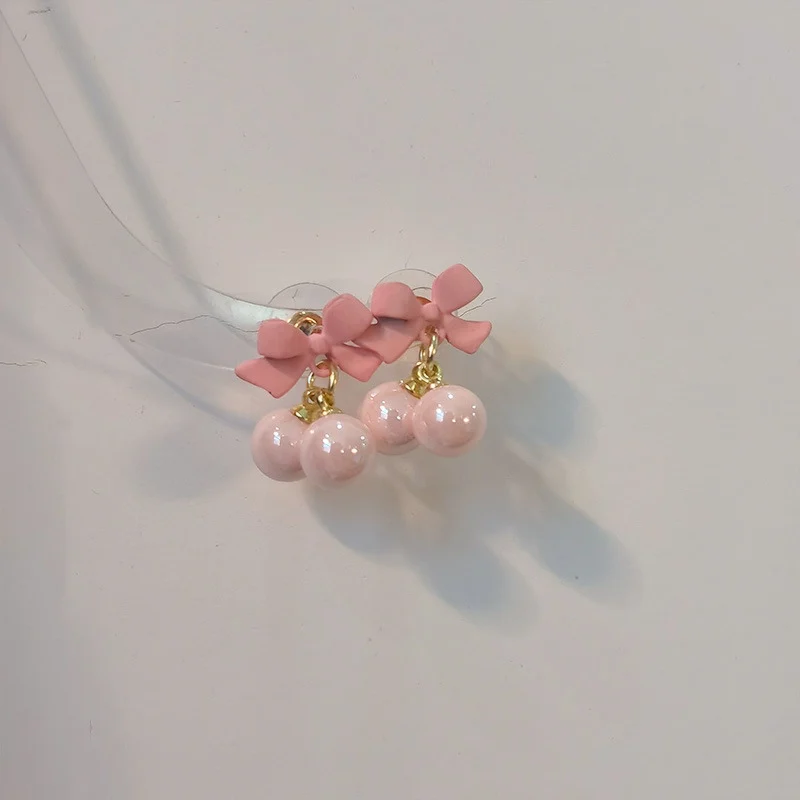 Super Sweet Pink Bow Earrings S925 Silver Needle Sweet Girl Heart Candy Bead Earrings Summer Fresh Earrings