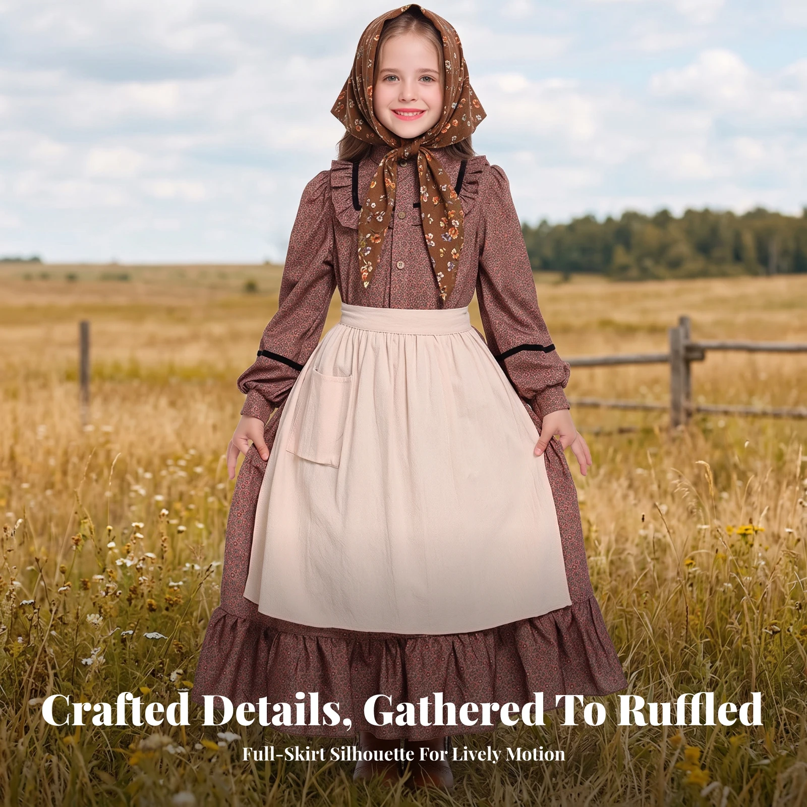 Pioneer Dress Vintage-Inspired Prairie Dress Apparel Full-Length Old Fashioned for Girls, School Performances, Stage Play
