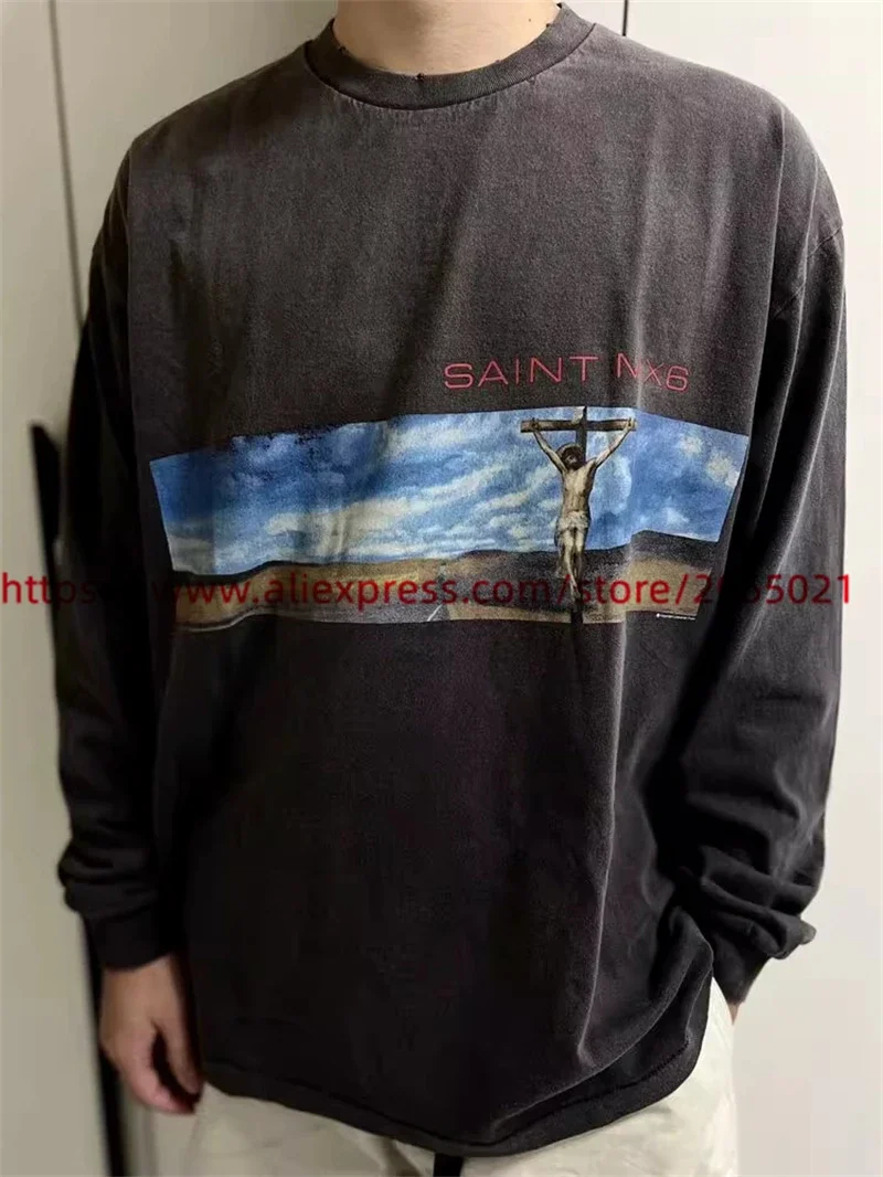 Washed Black Cross Jesus Saint Long Sleeved T-Shirt Men Women Oversized T Shirt Casual Tee Tops