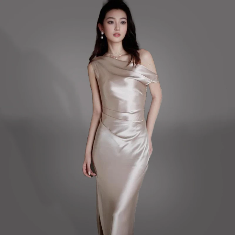 Champagne Gold Satin  Dr Evening Gown oulder Bared Wedding Performance Host Skirt High Waist Polyester Fiber