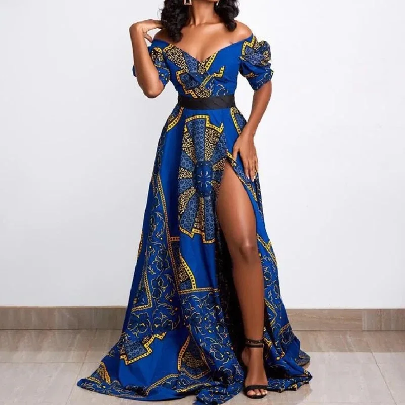 Women African Print Dress Traditional Clothing Casual Evening Party Prom African Dresses for Women Sexy Off Shoulder Maxi Dress