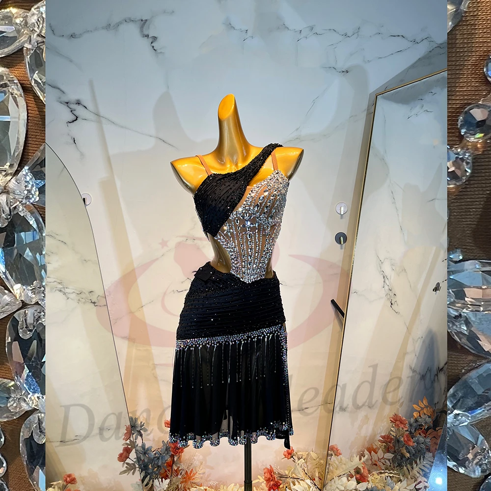 Latin Dance Adult Children'S Dress AB Stone High-End Custom Hollow Splicing Color Mesh Skirt Tango Women'S Clothing