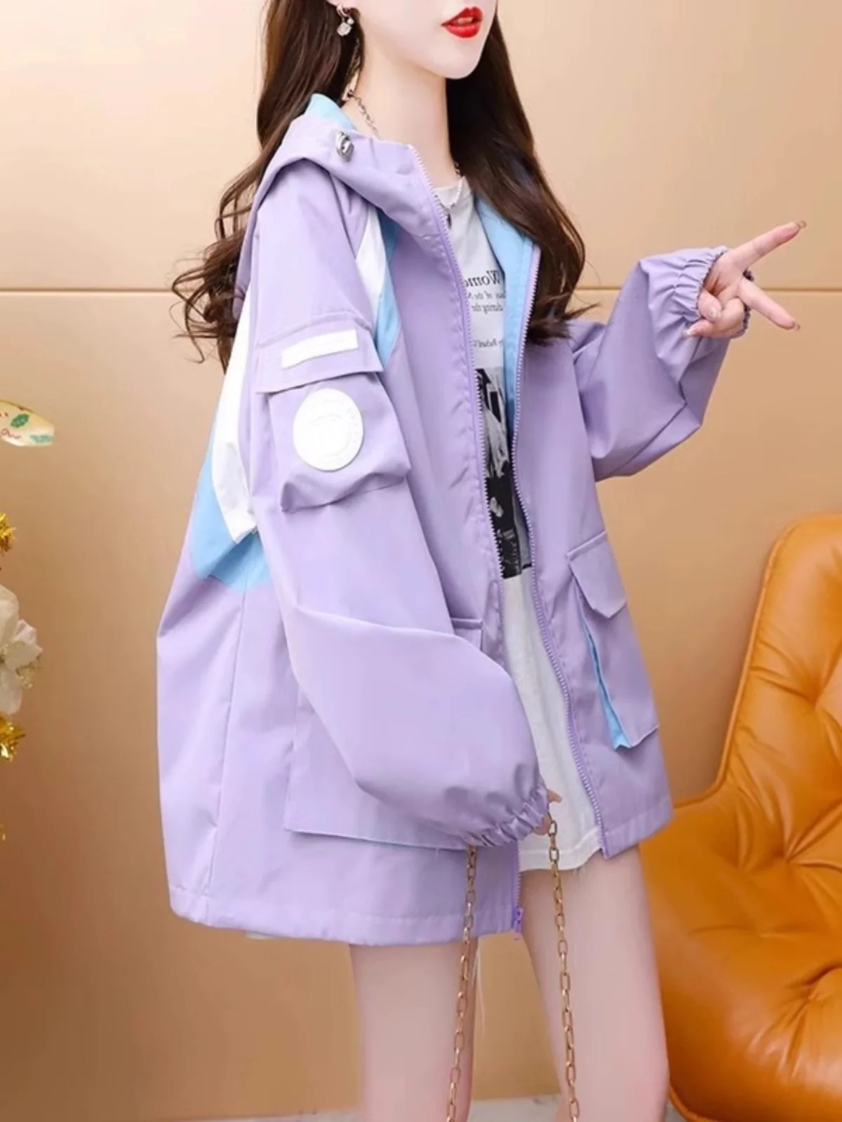 Spring Autumn Women's Large Size Cardigan Windbreaker Jacket Popular Baseball Style Coat Commute Style Loose Fit Cotton Blend
