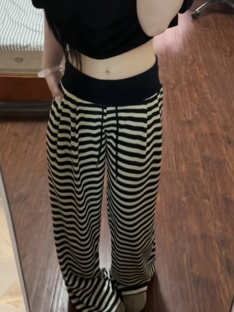 Pantaloni casual Dstring a righe retrò americani Pantaloni a gamba larga a gamba dritta a vita alta da donna dimagranti