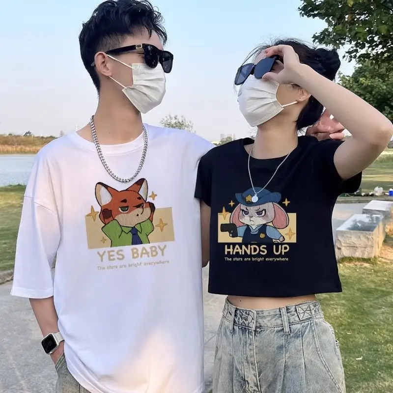 

New fashion versatile couple outfit summer T-shirt fox rabbit pure cotton short sleeve premium top for men and women