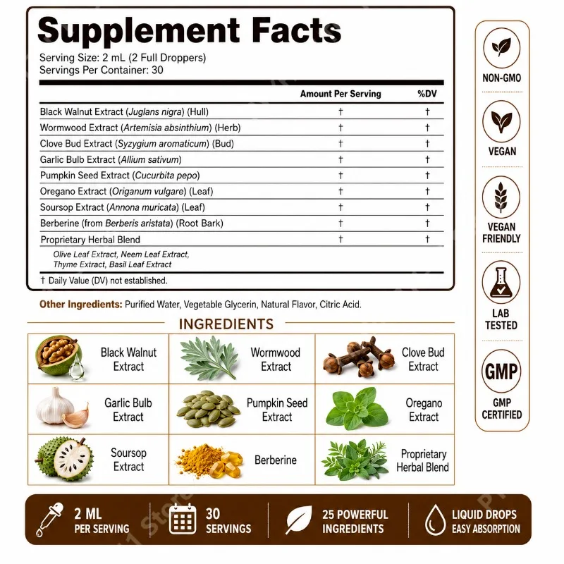 Googeer 25 in 1 Black Walnut Wormwood Drops with Clove Garlic Pumpkin Seed Oregano Daily Digestive Wellness for Adults 60ml