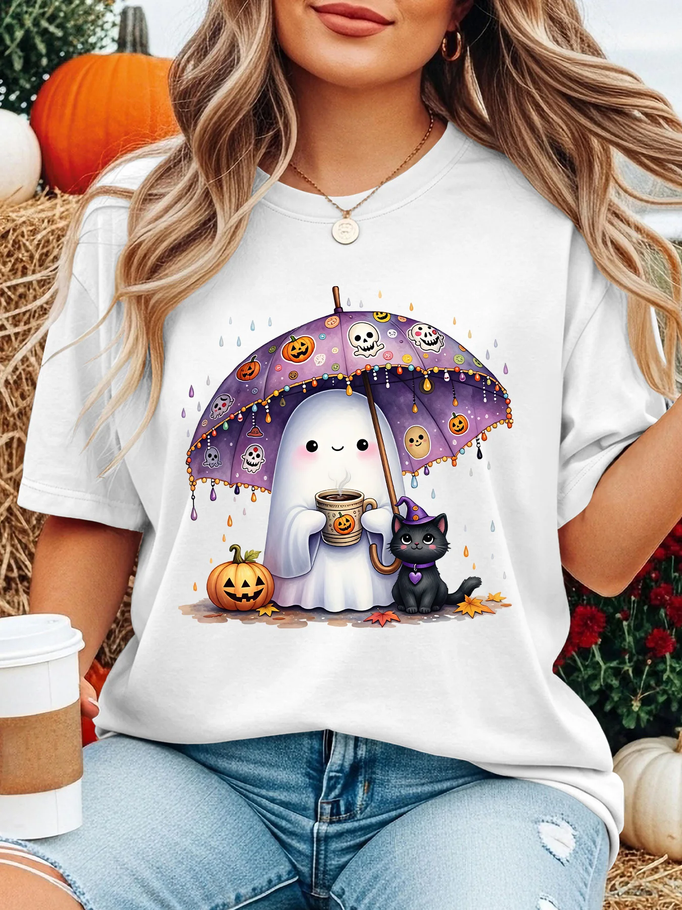 Women Crew Neck Tee Cute Ghost Umbrella Black Cat Graphic Print Short Sleeve Loose Ladies Summer Cotton Plus Size Casual Top