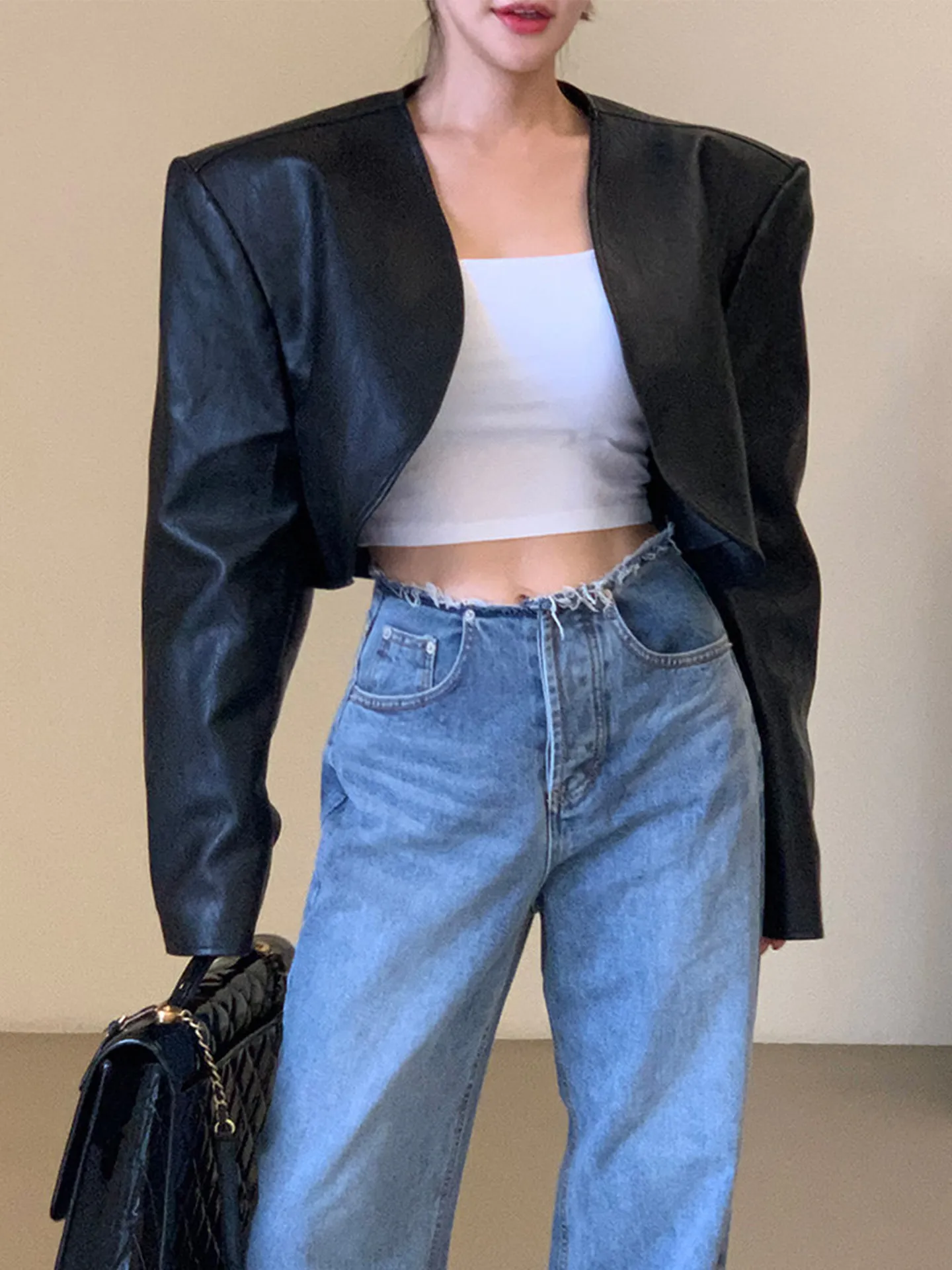 Clothland Women Stylish Open Stitch PU Leather Jacket Long Sleeve Short Style Crop Top Retro Casual Coats CB353