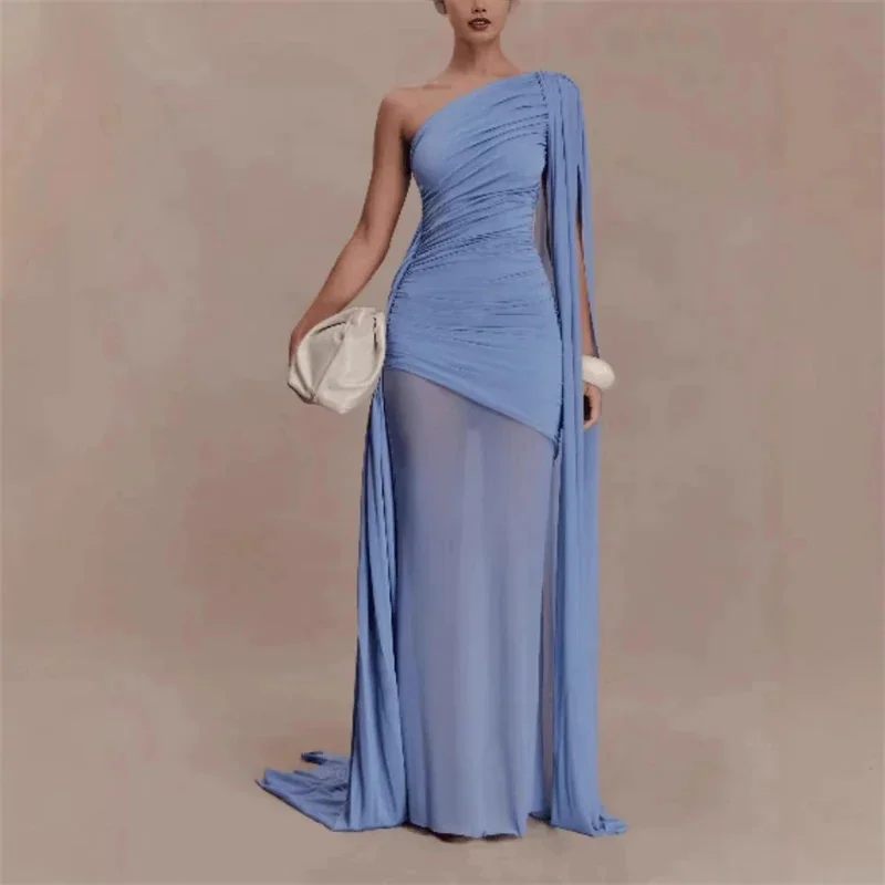 Mesh Spliced One Shoulder Cape Bodycon Party Dress For Women Slim Fit Tulle Panel Elegant Evening Birthday Anniversary Outfit