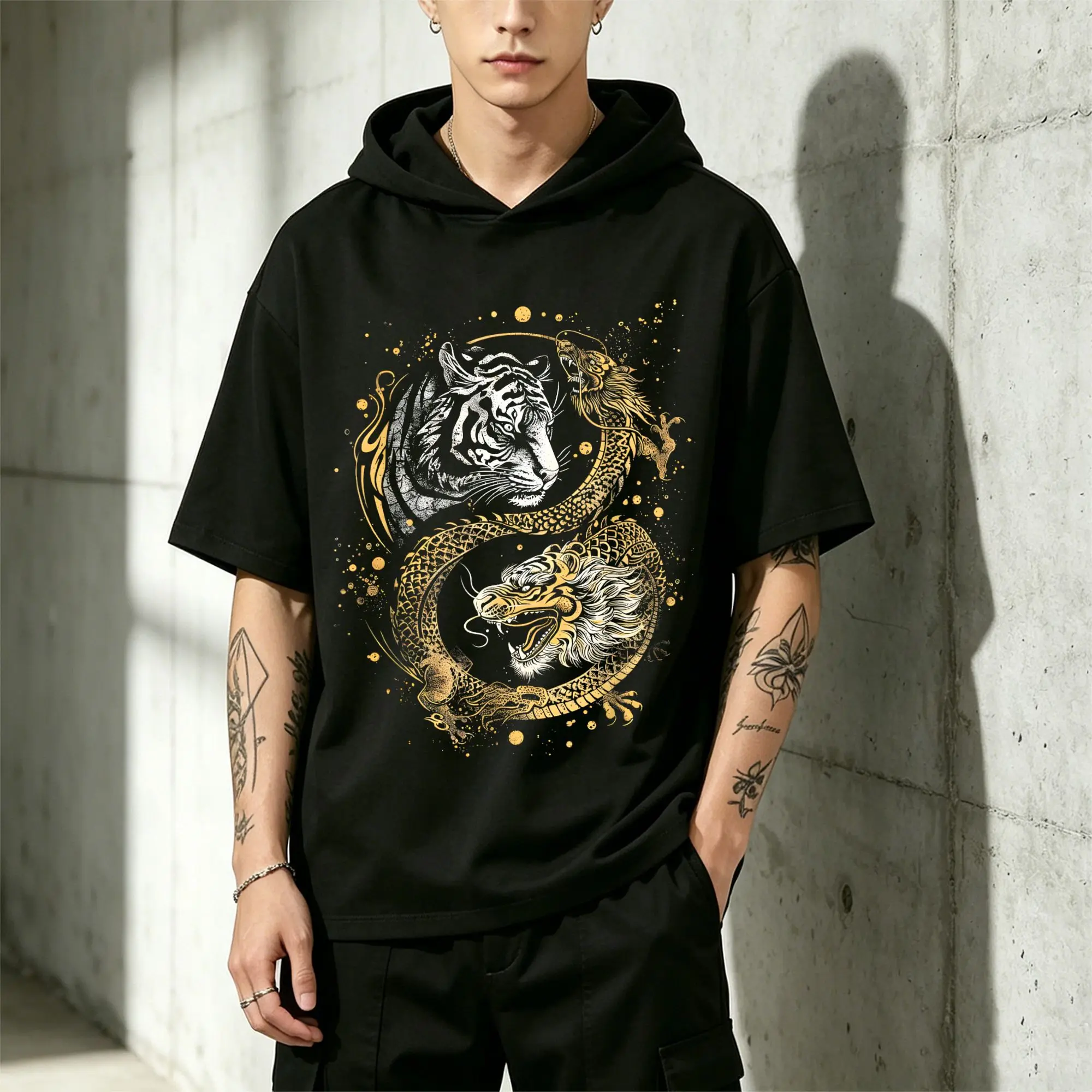 Men's Casual Cotton Streetwear Five Elements Tiger and Dragon T-Shirt, Harmonious Design, Casual and Comfortable