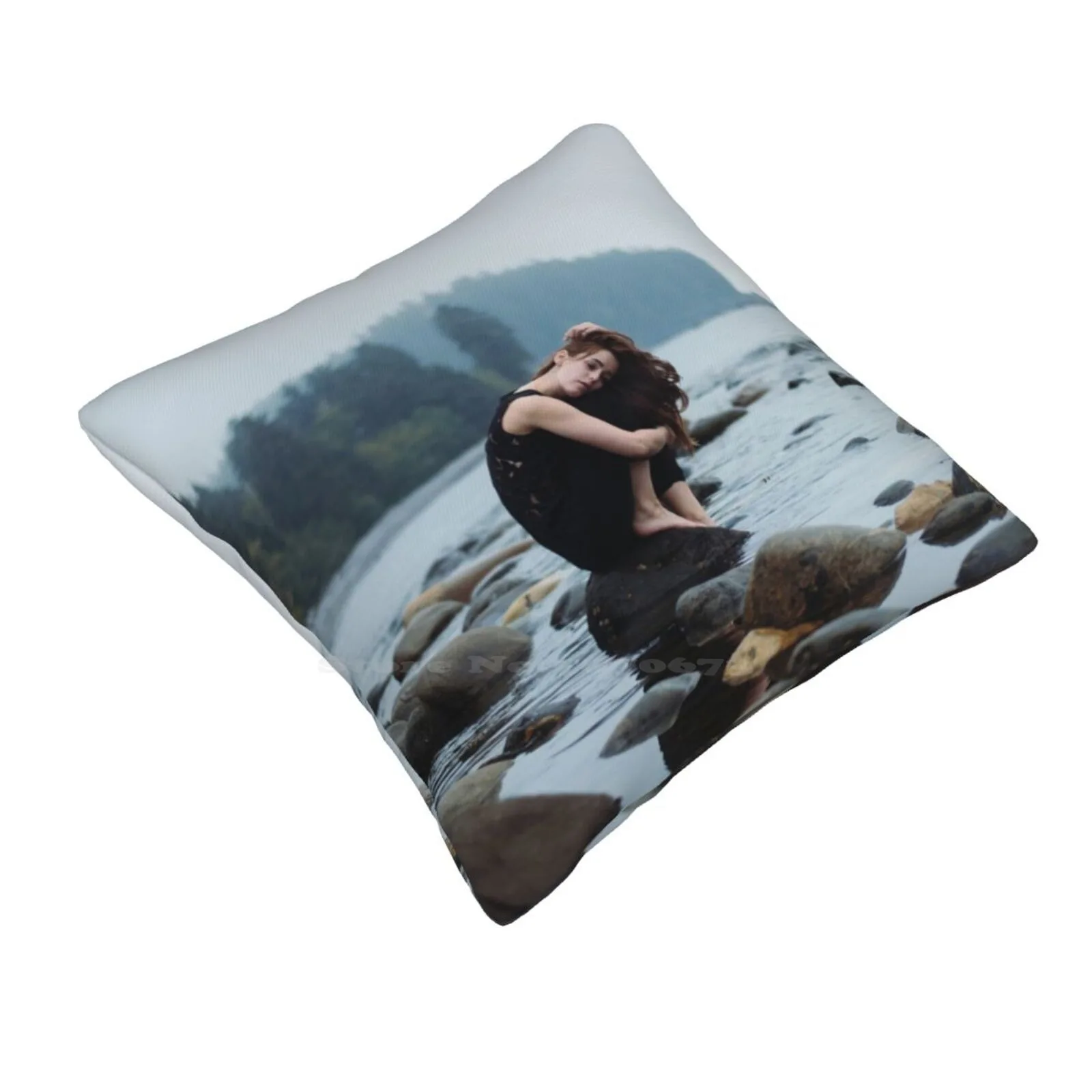 Field Of Rock Throw Cushion Pillow Cover Girl Woman Portrait Laura Zalenga Face Dream Beauty Pretty Beautiful Rocks Stone Water