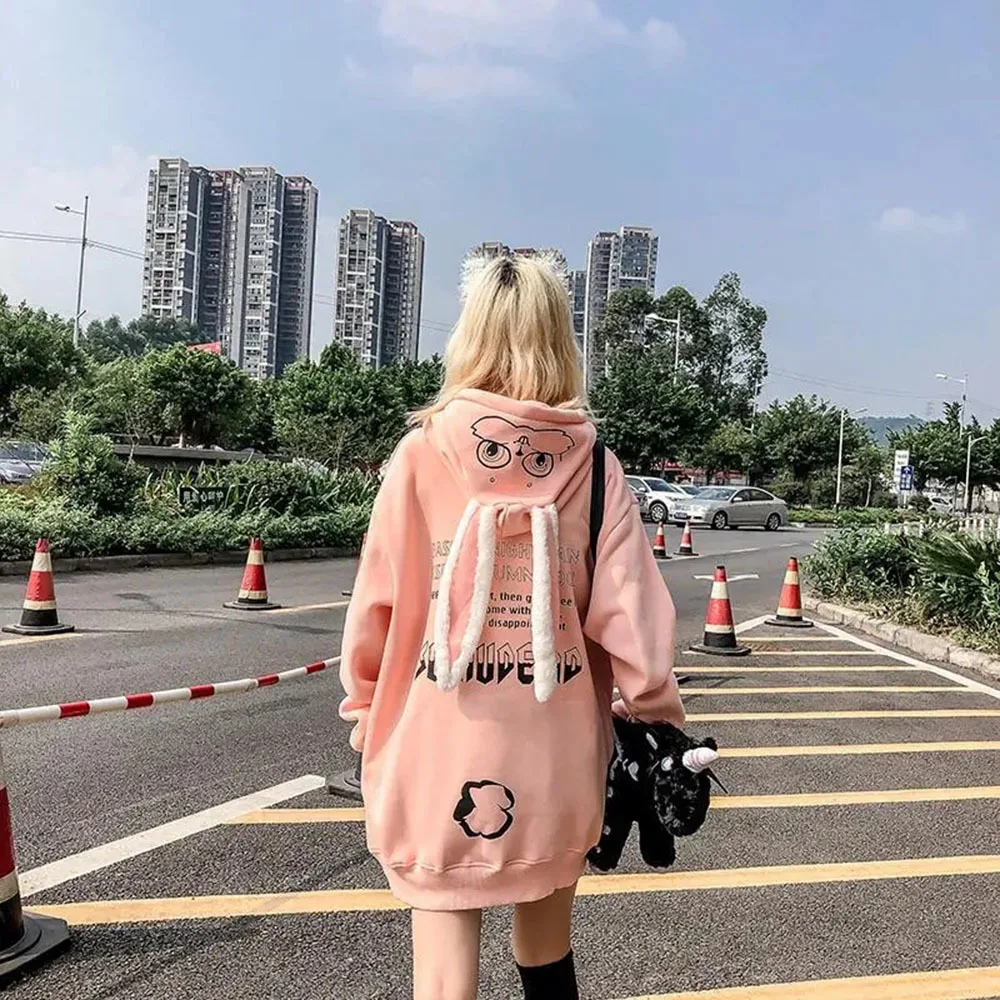 Spring Autumn Cute Rabbit Ears Sweatshirts Women Plush Thicken Couple Pullovers Female New Loose Casual Kawaii Hooded Sweatshirt