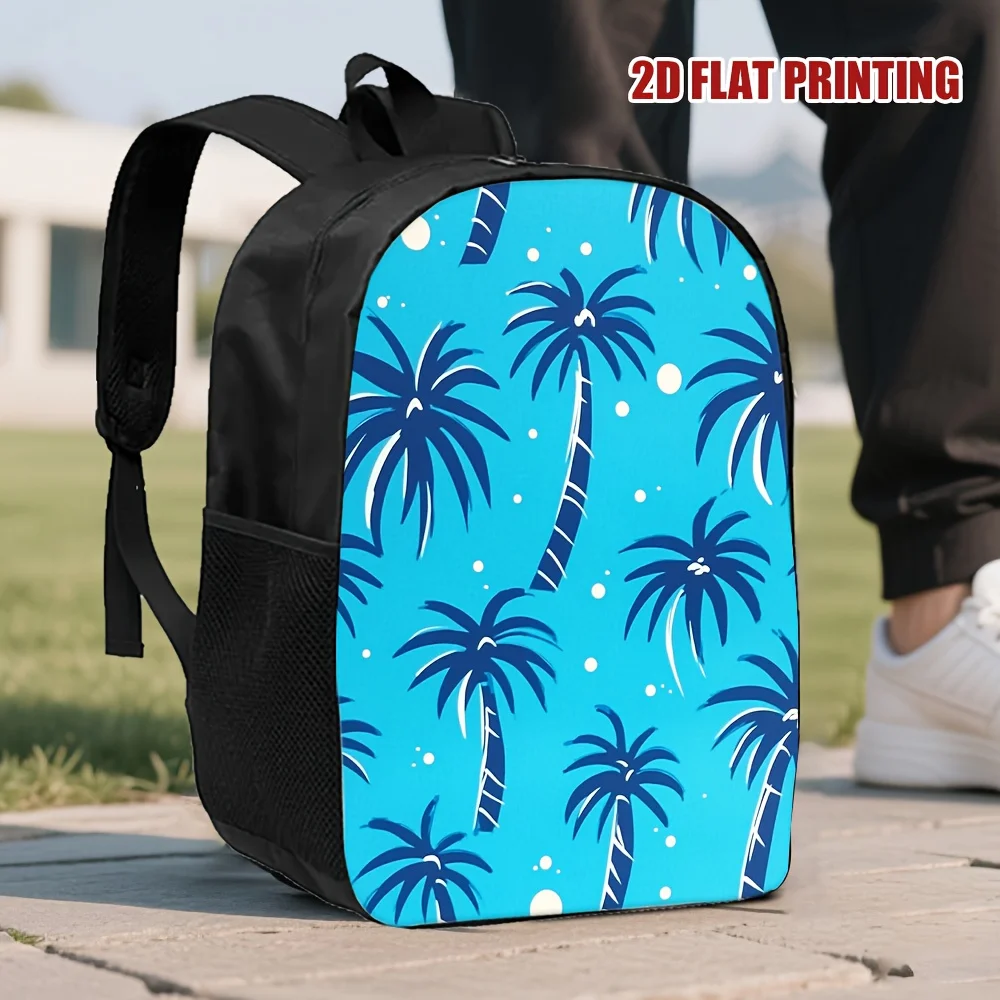 

1 Tropical Palm Tree Printed Backpack - Turquoise Blue and Black Lightweight School Bag, Zipper Closure, Large Capacity