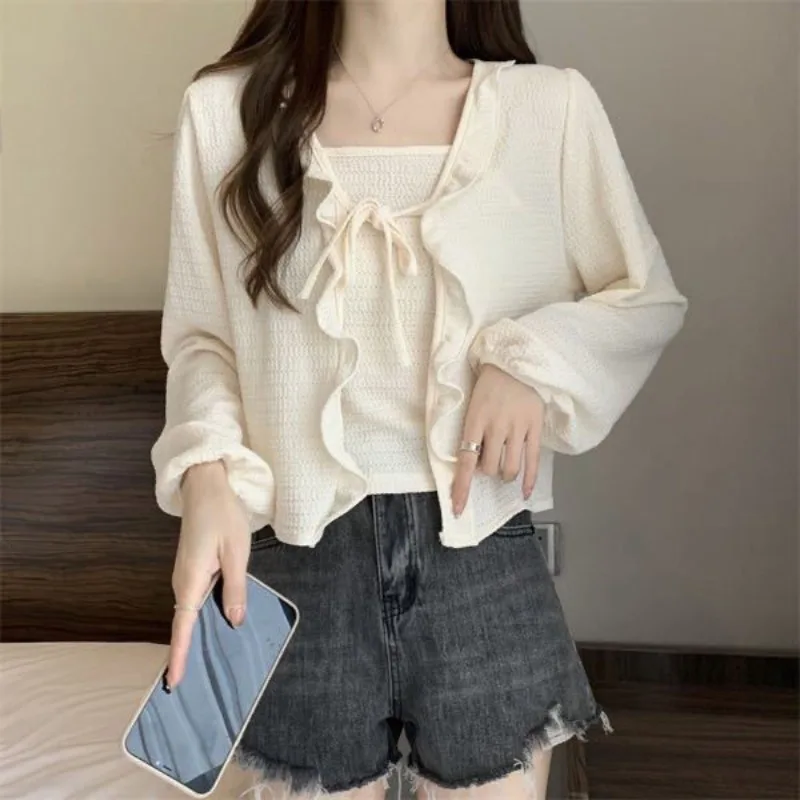 Spring Sets Women Fungus Side Lace Up French Style Solid O-neck Korean Style All-match Retro Gentle Elegant Ruffles Fashion Slim