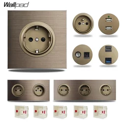 EU French Wall Socket Electrical Power Outlet Brushed Brown Aluminum 1-5 Posts Plate USB Charge Port RJ45 CAT6 Wiring Outlet