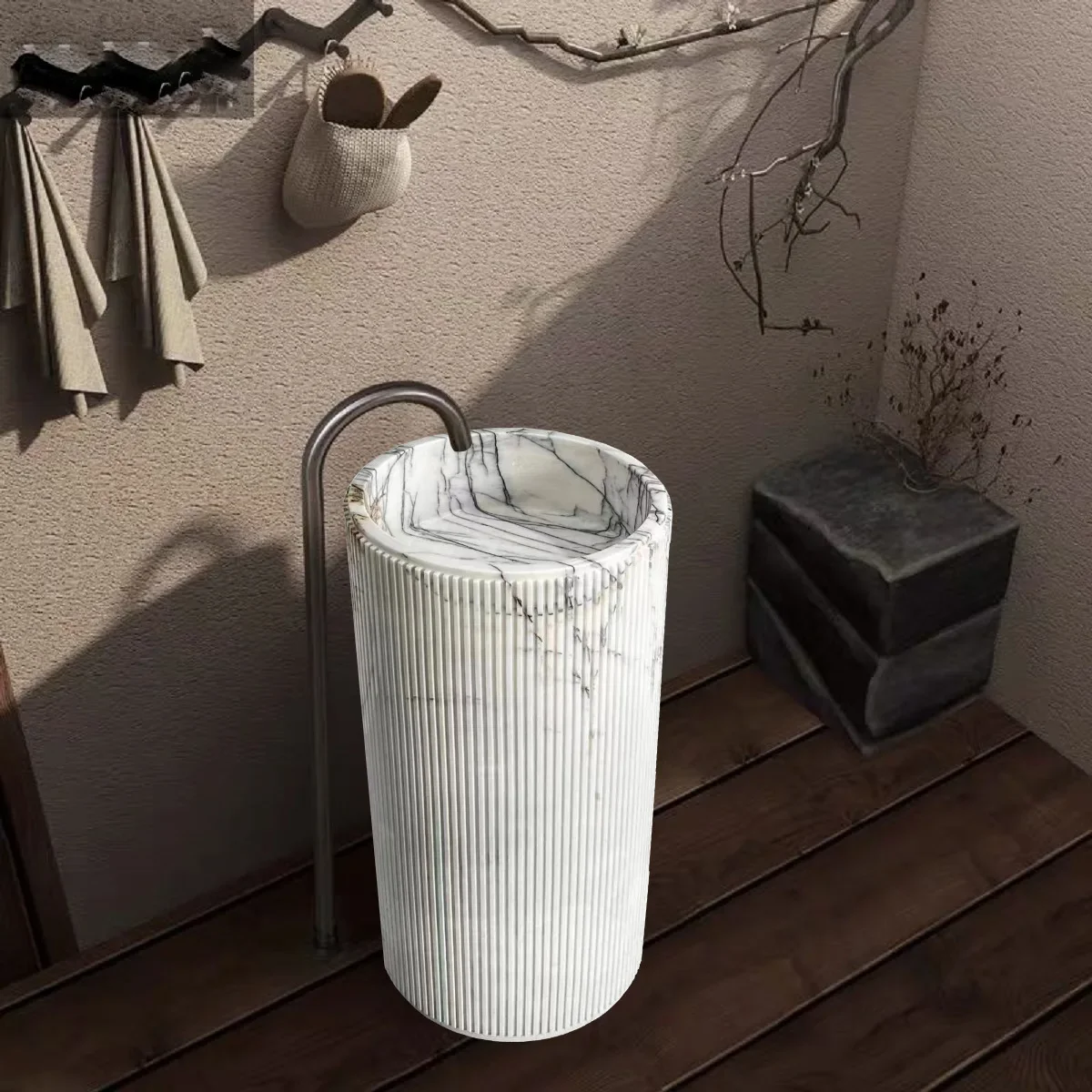 Column basin, marble grooved column wash basin integrated, bathroom column basin