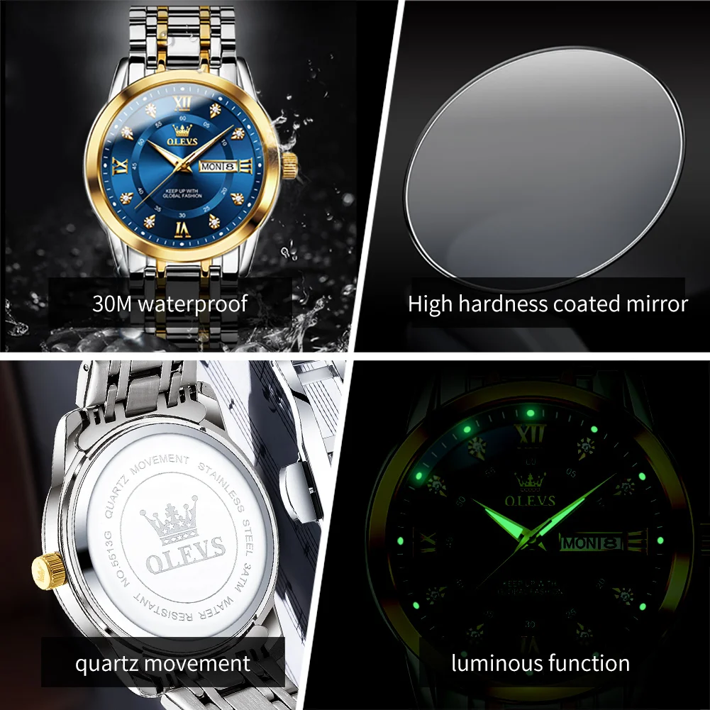 OLEVS 5513 Man Watch Stainless Steel Diamond Roman Scale Dual Calendar Waterproof Luminous Business Wristwatch Gift Box for Men