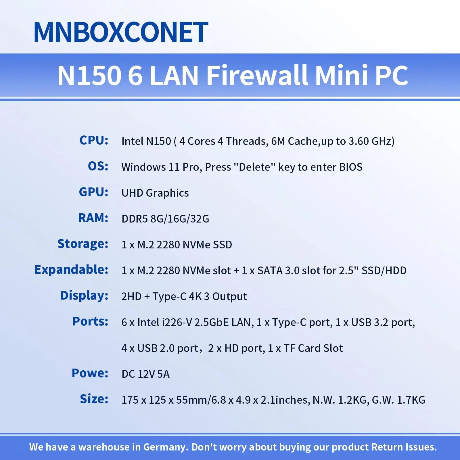 MNBOXCONET Mini PC N150 Firewall بدون مروحة (حتى 3.6 جيجا هرتز)، DDR5 Barebone Micro Appliance Hardware Computer 6 x 2.5 جيجا بايت I226-V LAN