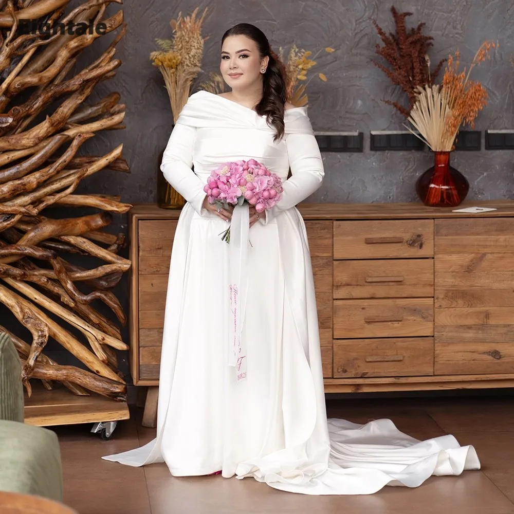 فستان زفاف عربي Eightale مغرفة مخصصة من الساتان العاجي بأكمام طويلة فستان زفاف إسلامي مقاس كبير فستان حفلات العروس