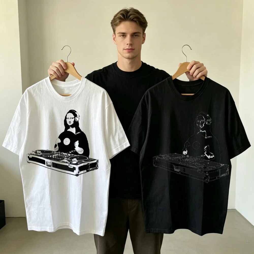 Mona Lisa DJ Spinning Turntable Vinyl Record Disc Jockey Graphic Men Cool Short Sleeve Tee EDM Music Festival Performance