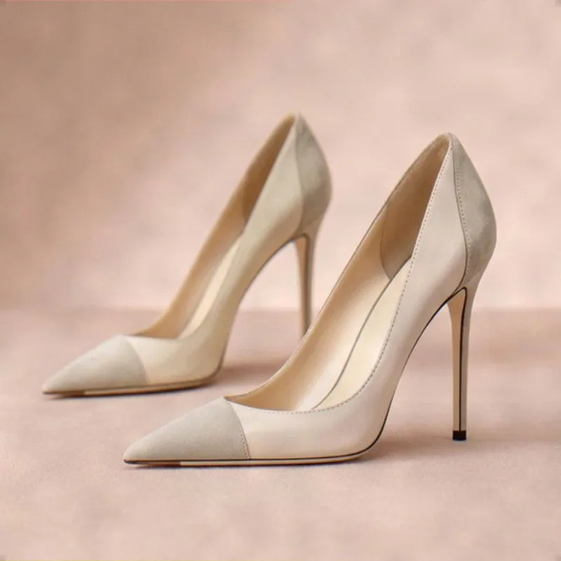 Yuejinlong #YJ26-232 French Pointed-Toe Stiletto Pumps, Color-Block Elegant Celebrity-Style, Ladies Daily Party Heels